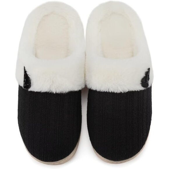 Women's Black Scuff Fuzzy Faux Fur Lining Memory Foam Warm Plush Slippers Shoes - Picture 1 of 9